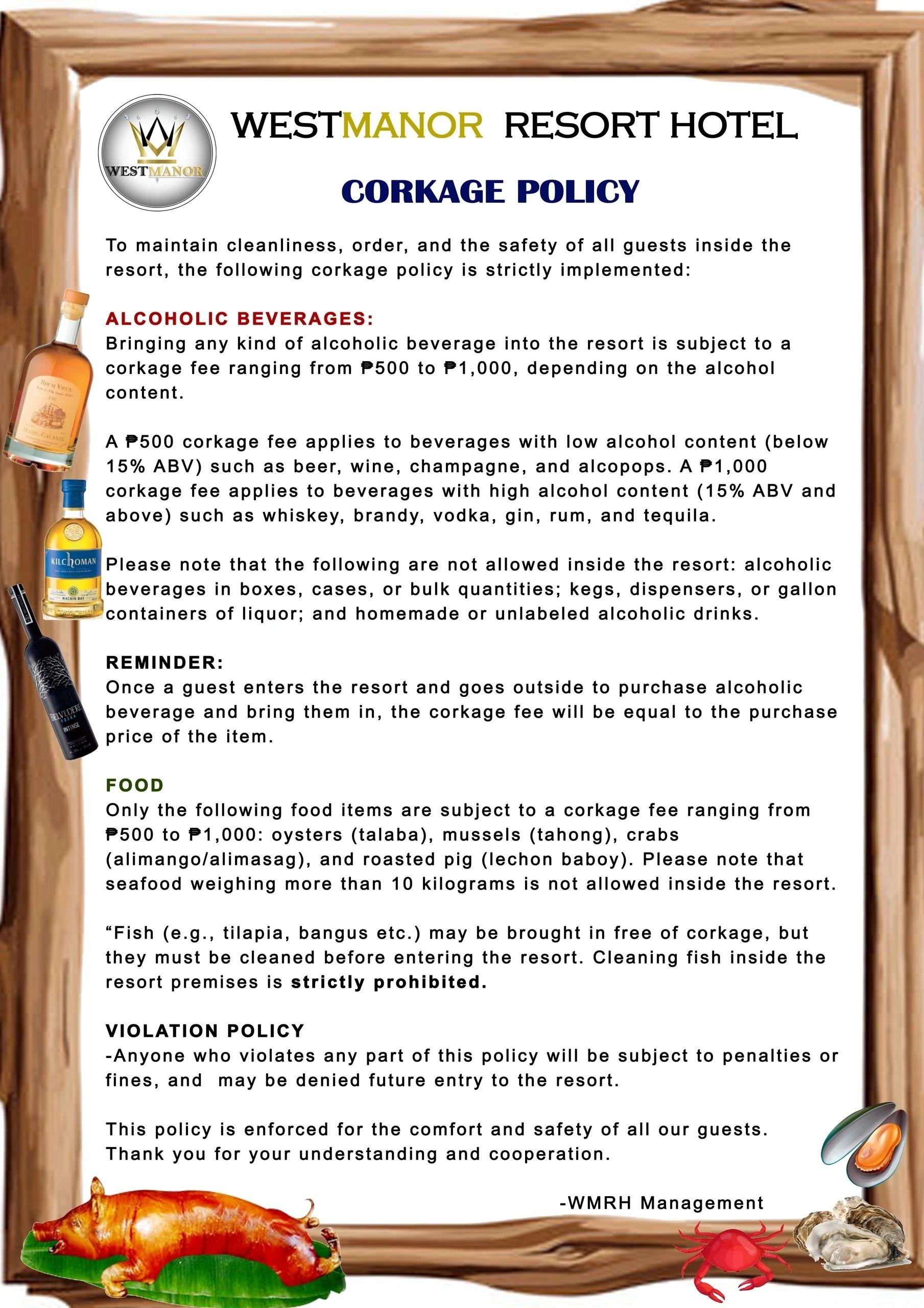 WestManor Resort Hotel official corkage policy document