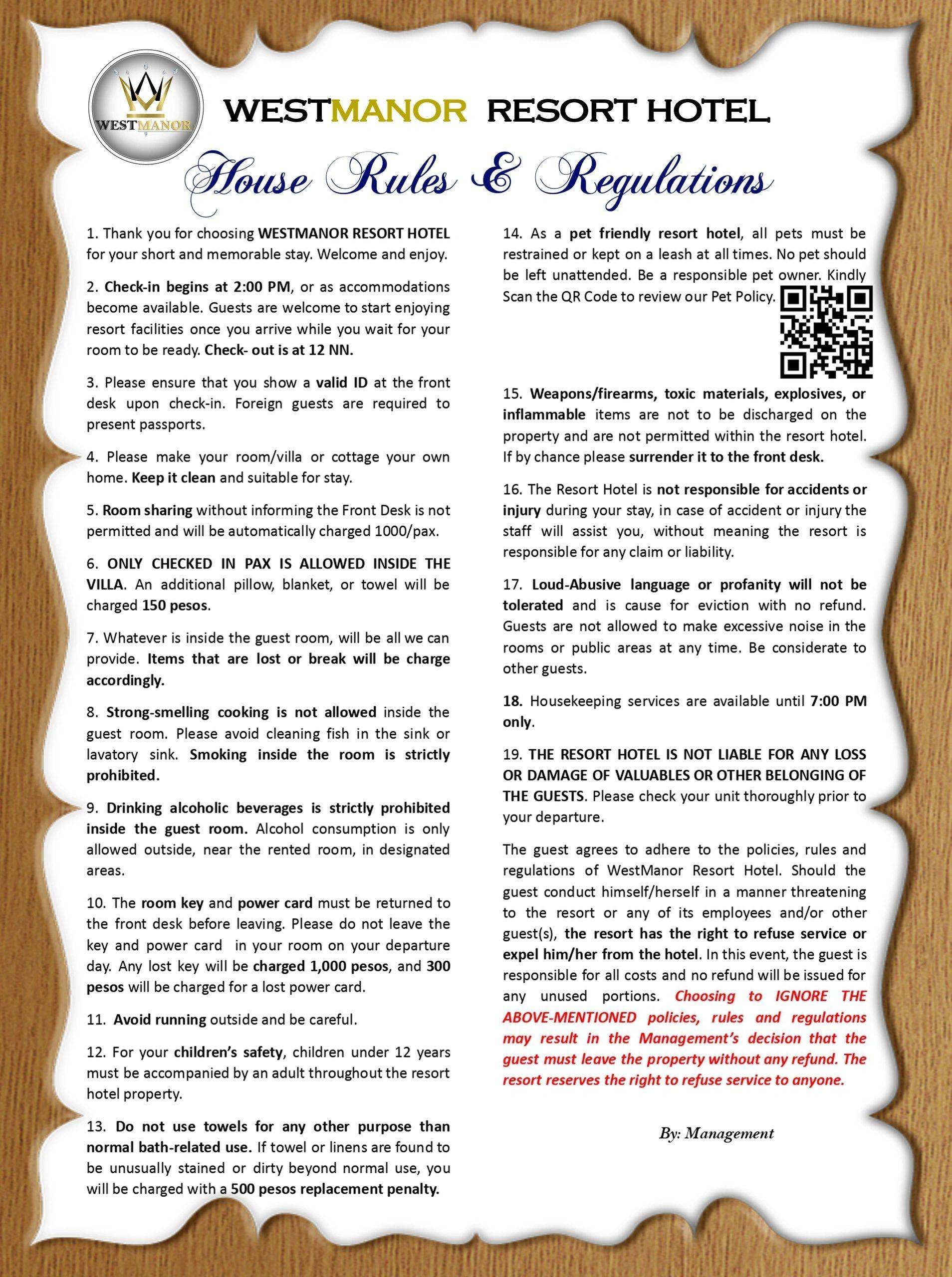 WestManor Resort Hotel official house rules and regulations document